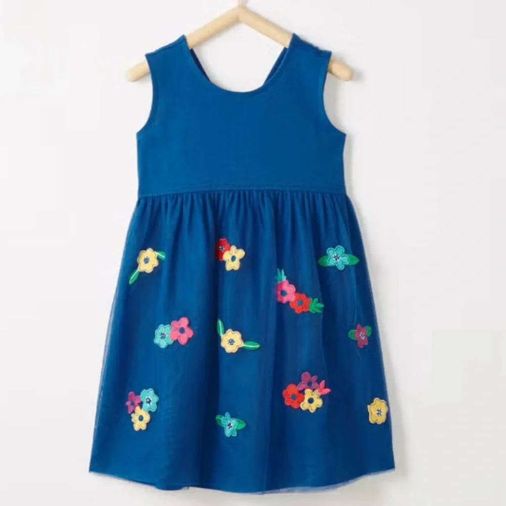 Hanna Andersson Chasing Summer Dress Blue Floral Flower Tulle Size 4 Girls Kids